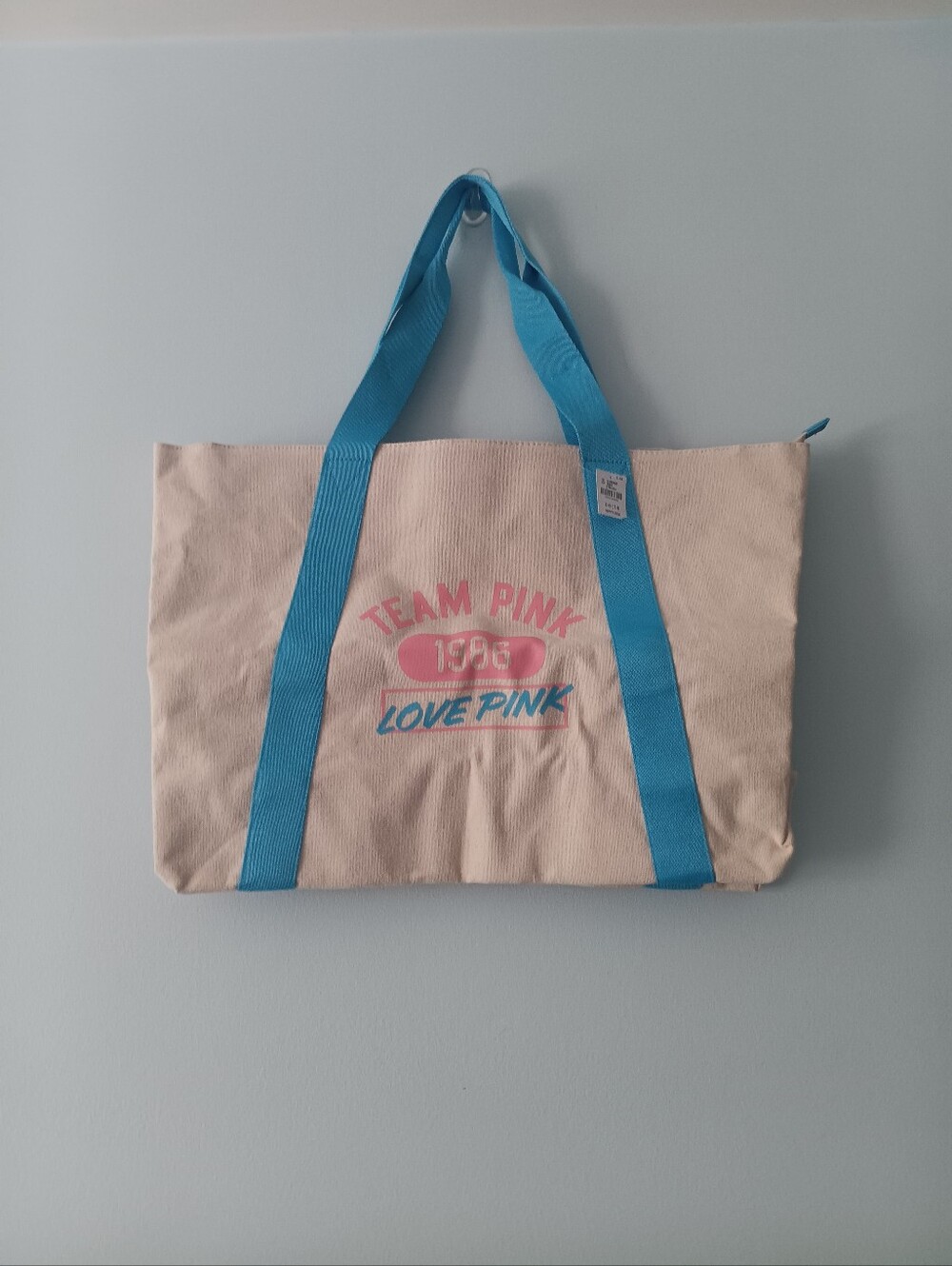 NWT Victoria's Secret PINK Team Pink 1986 Canvas Tote Blue Cream Beach Travel